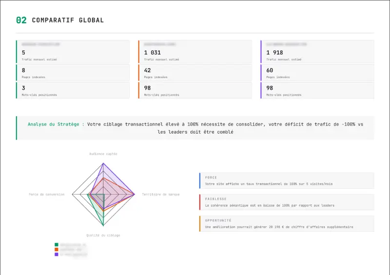 Comparatif global de positionnement SEO entre le site client et ses concurrents
